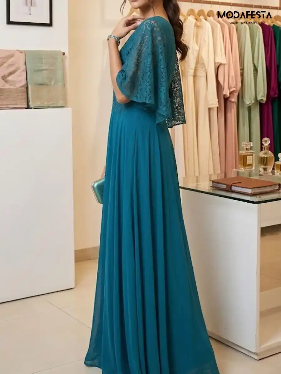 ModaFesta -elegant-chiffon-maxi-gown-V-neck lace-style-teal